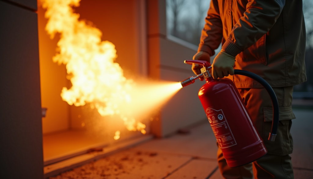 Close-up view of a person using a fire extinguisher on a controlled fire during training