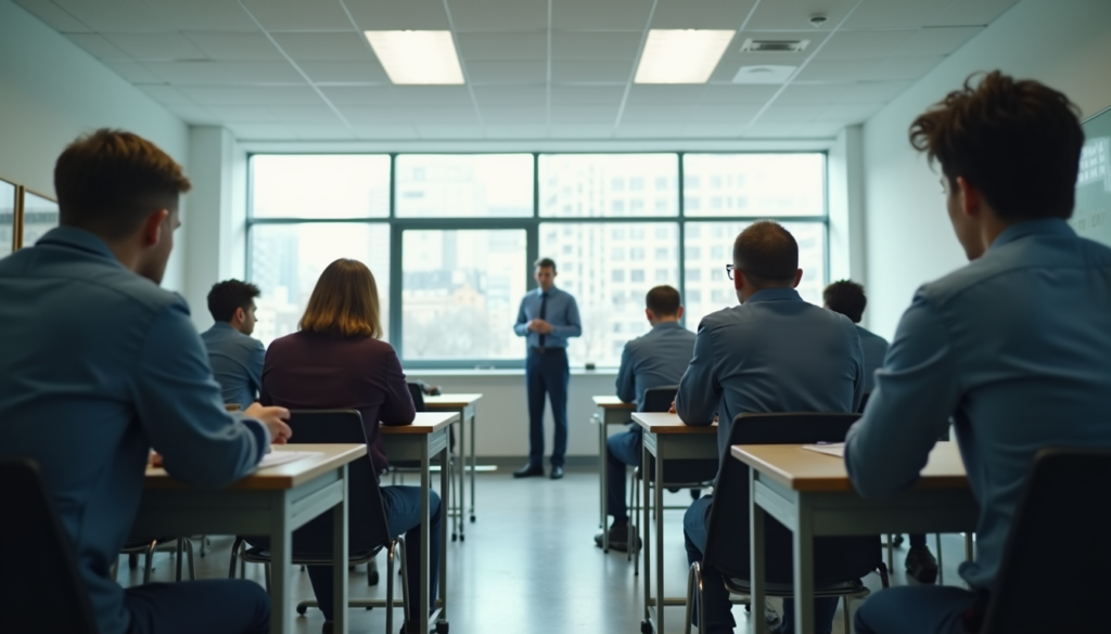 Eye-level view of a classroom with students practicing first aid techniques