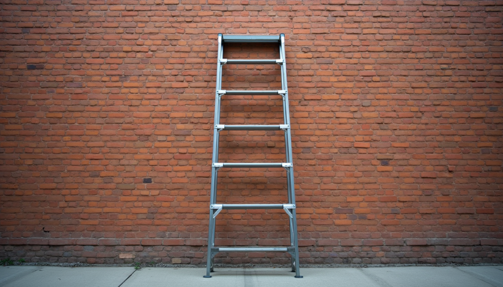 Eye-level view of a sturdy aluminium ladder leaning against a brick wall