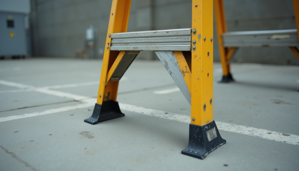 Close-up view of a ladder base positioned correctly using the 4 1 rule on a concrete surface