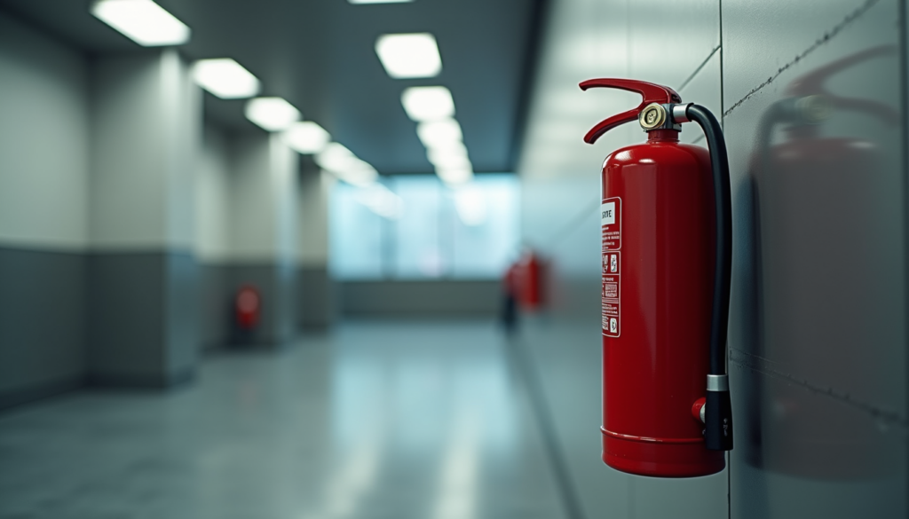 Eye-level view of a fire extinguisher mounted on a wall in a workplace