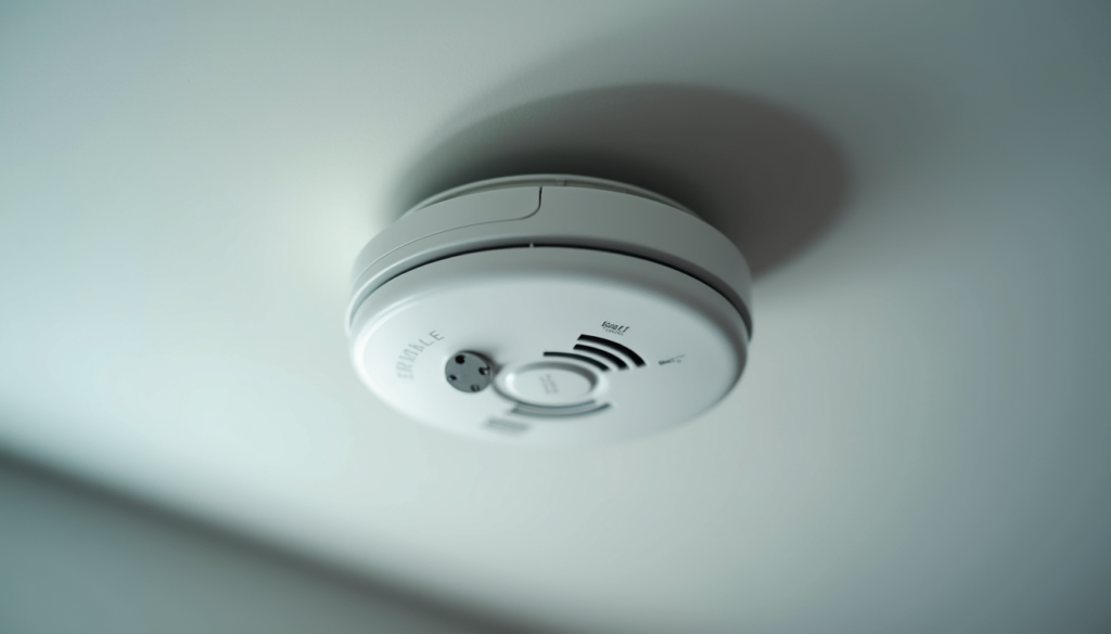 Close-up view of a smoke detector installed on a ceiling