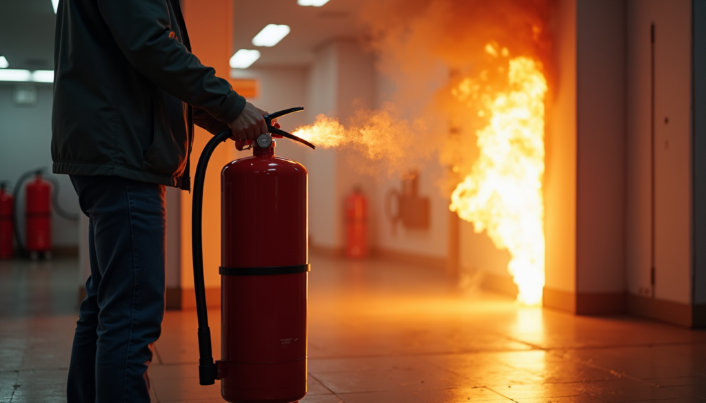 Eye-level view of a safety instructor demonstrating fire extinguisher use