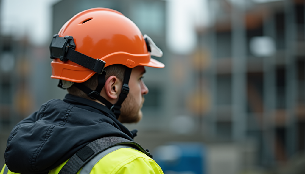 Close-up view of a safety harness and helmet on a training site